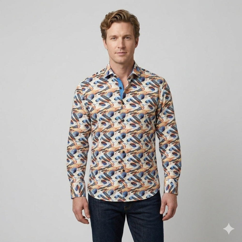 Misura Mens Abstract Geometric Print‎ Long Sleeve Button Down Shirt Small Turkey